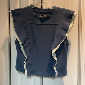 Anthropologie Blue and Cream Ruffle Crop Top